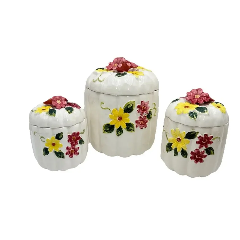 Butterfly Flower 3D White Pumpkin MCM Canister Set 1950s Cottagecore Floral VGC‎